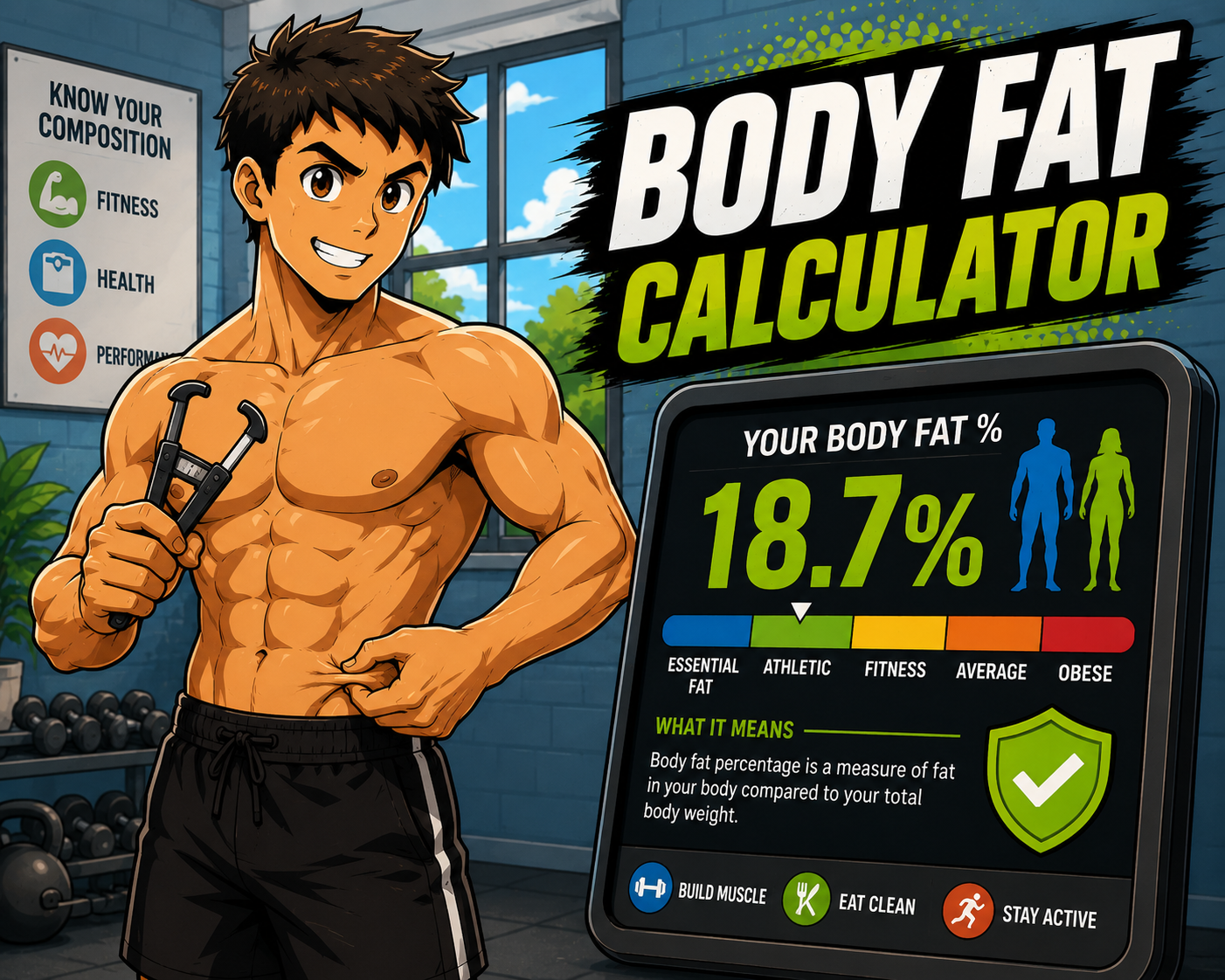 Cartoon athlete measuring body composition for a body fat calculator