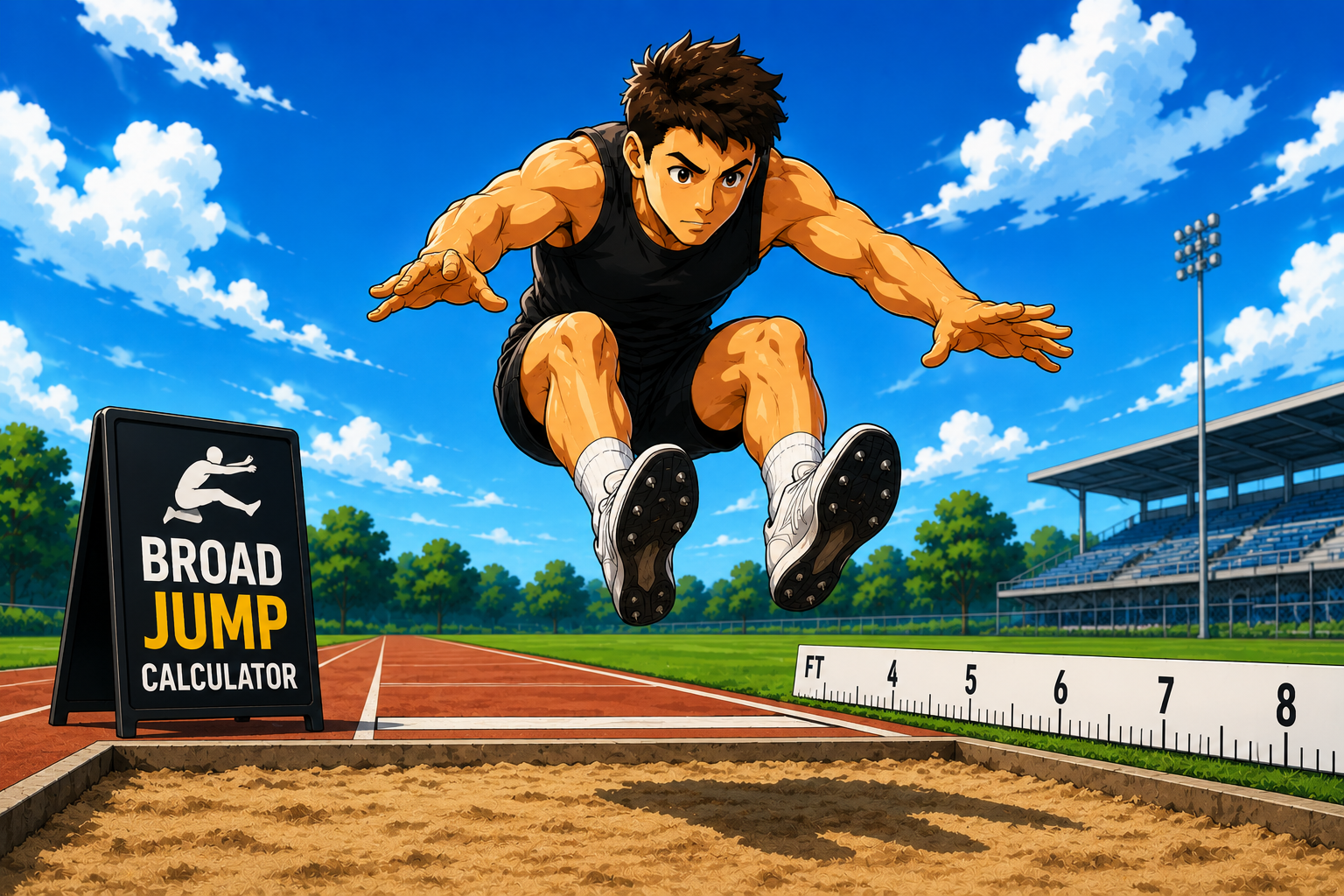 Cartoon athlete performing a standing broad jump on a training field