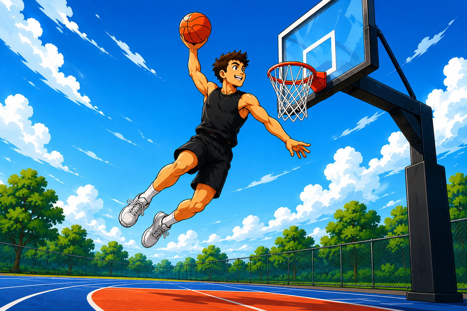 Cartoon basketball player dunking on an outdoor court