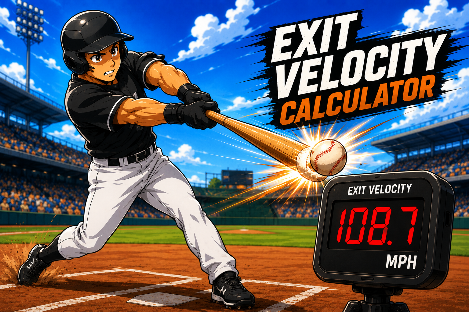Cartoon baseball hitter driving the ball with exit velocity power