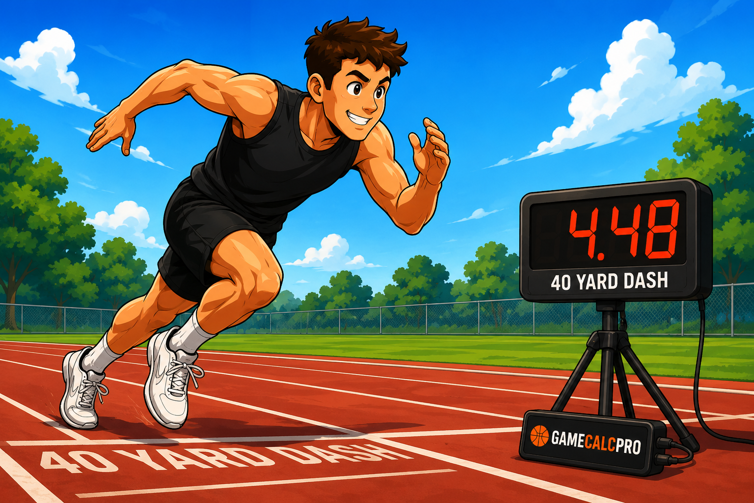 Cartoon athlete sprinting beside a digital 40-yard dash timer