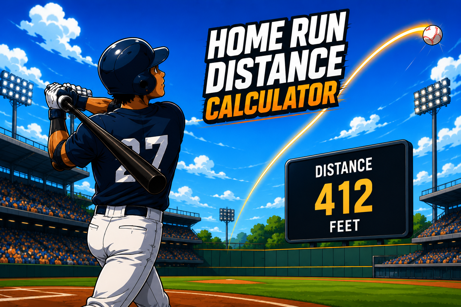 Cartoon baseball ball flying on a home run distance trajectory