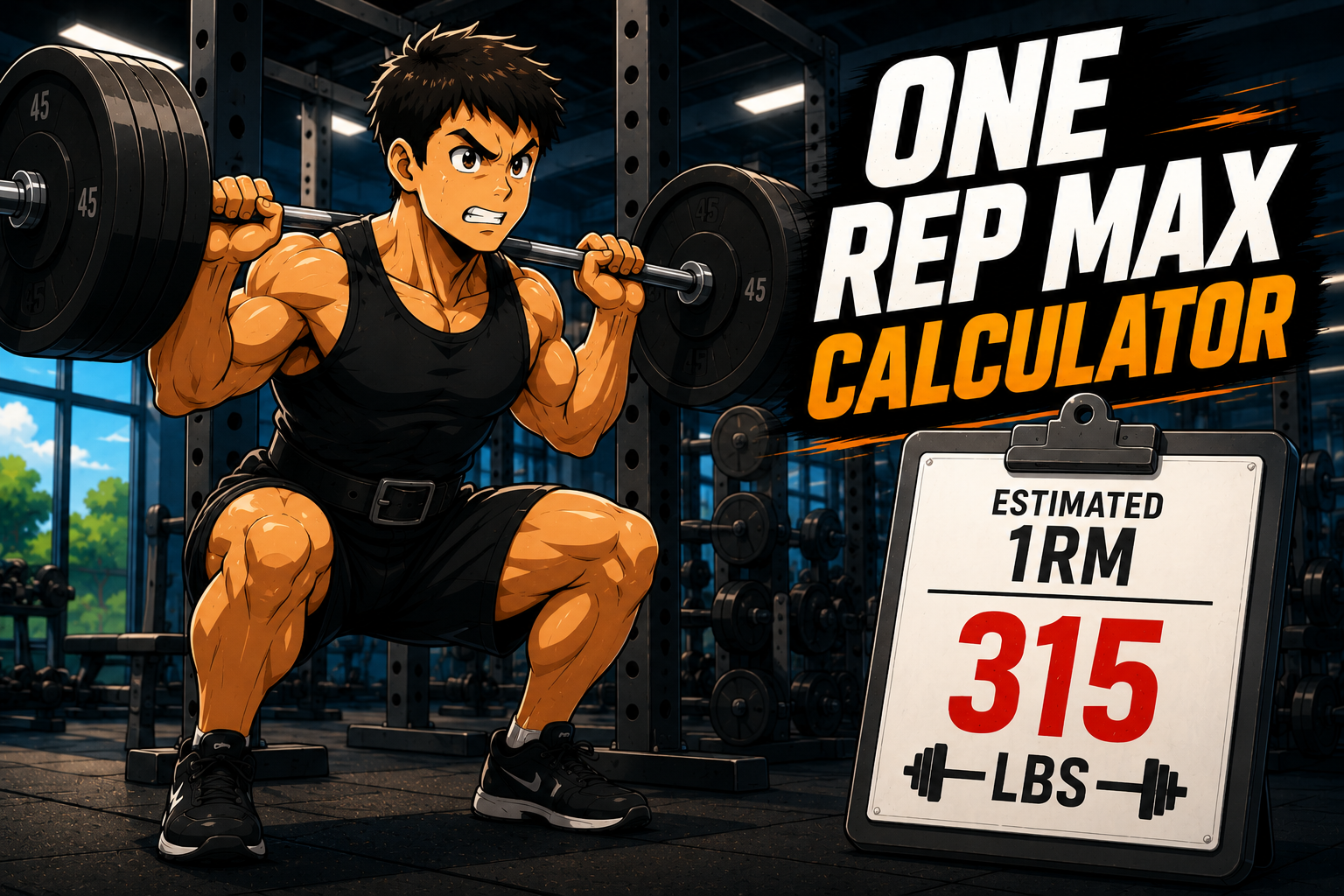Cartoon athlete lifting a heavy barbell for a one rep max calculator