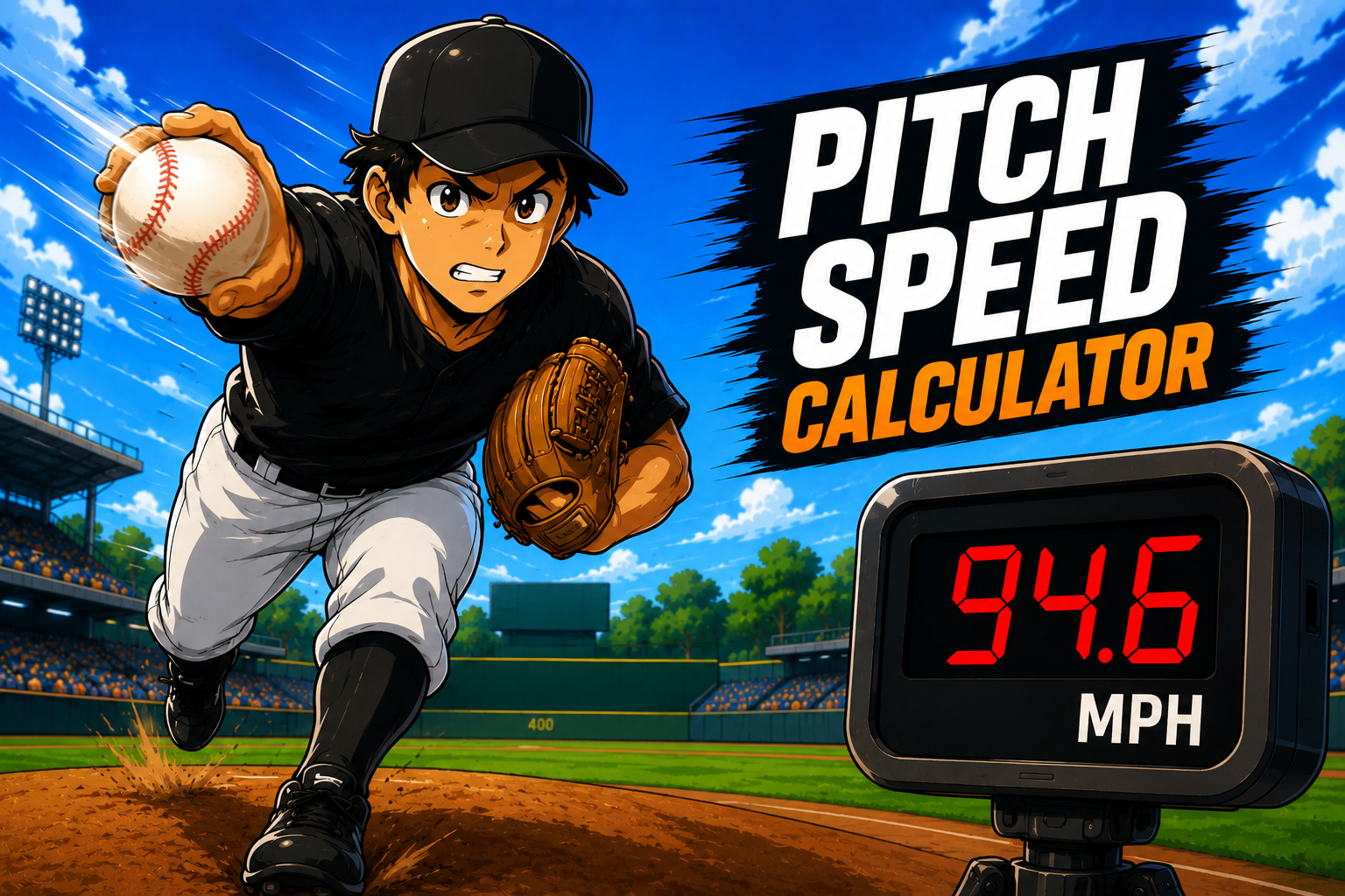 Cartoon pitcher delivering a fast pitch for a pitch speed calculator