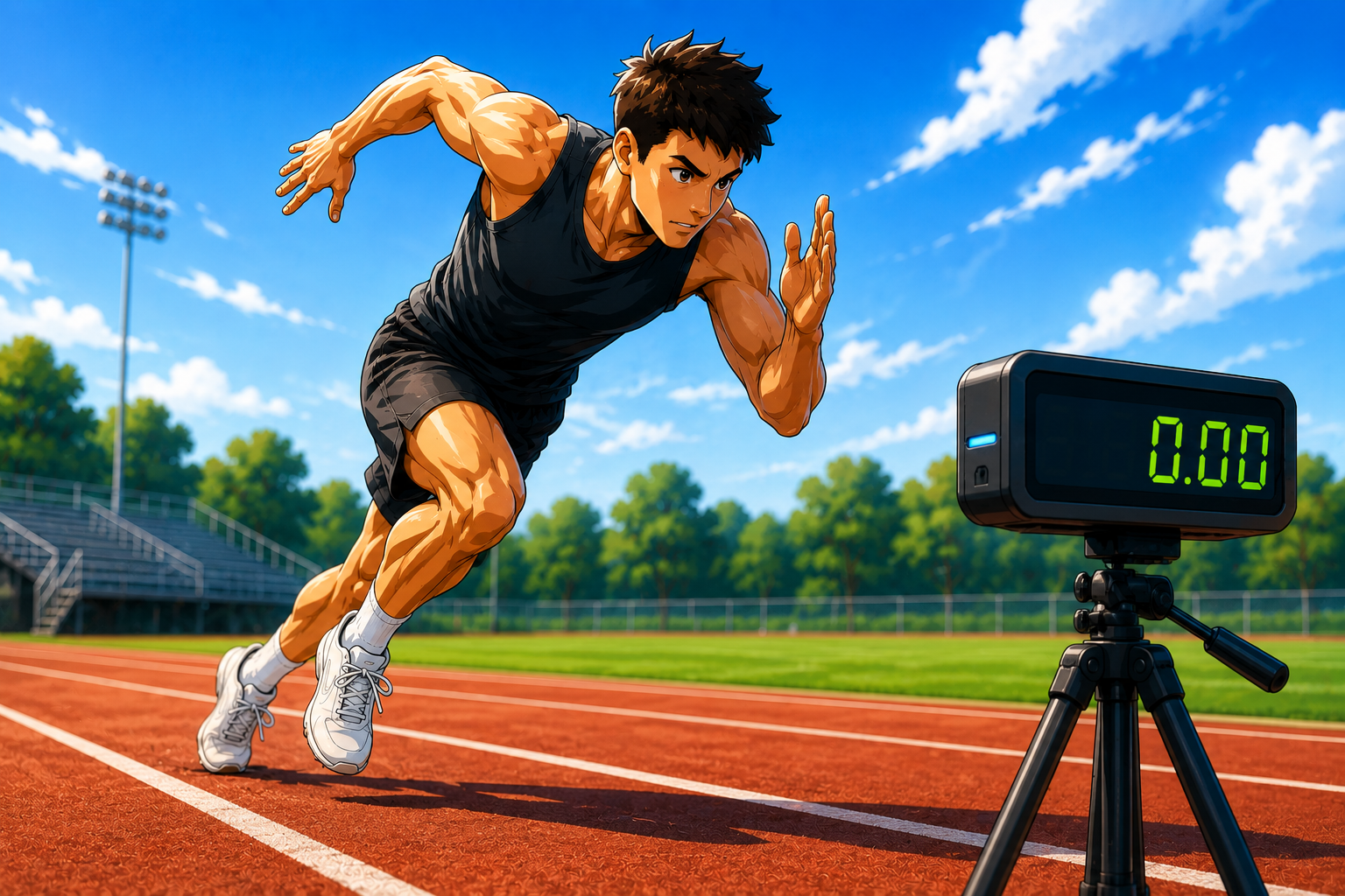 Cartoon athlete moving quickly with a speed measurement theme