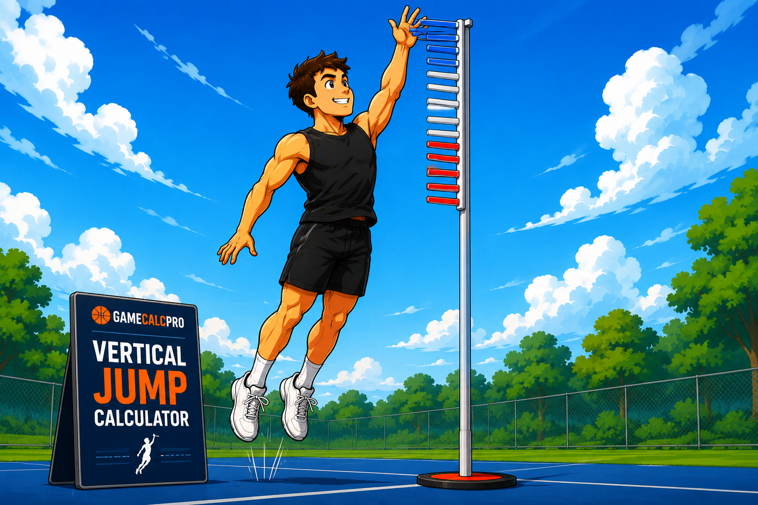 Cartoon athlete measuring vertical jump on an outdoor court
