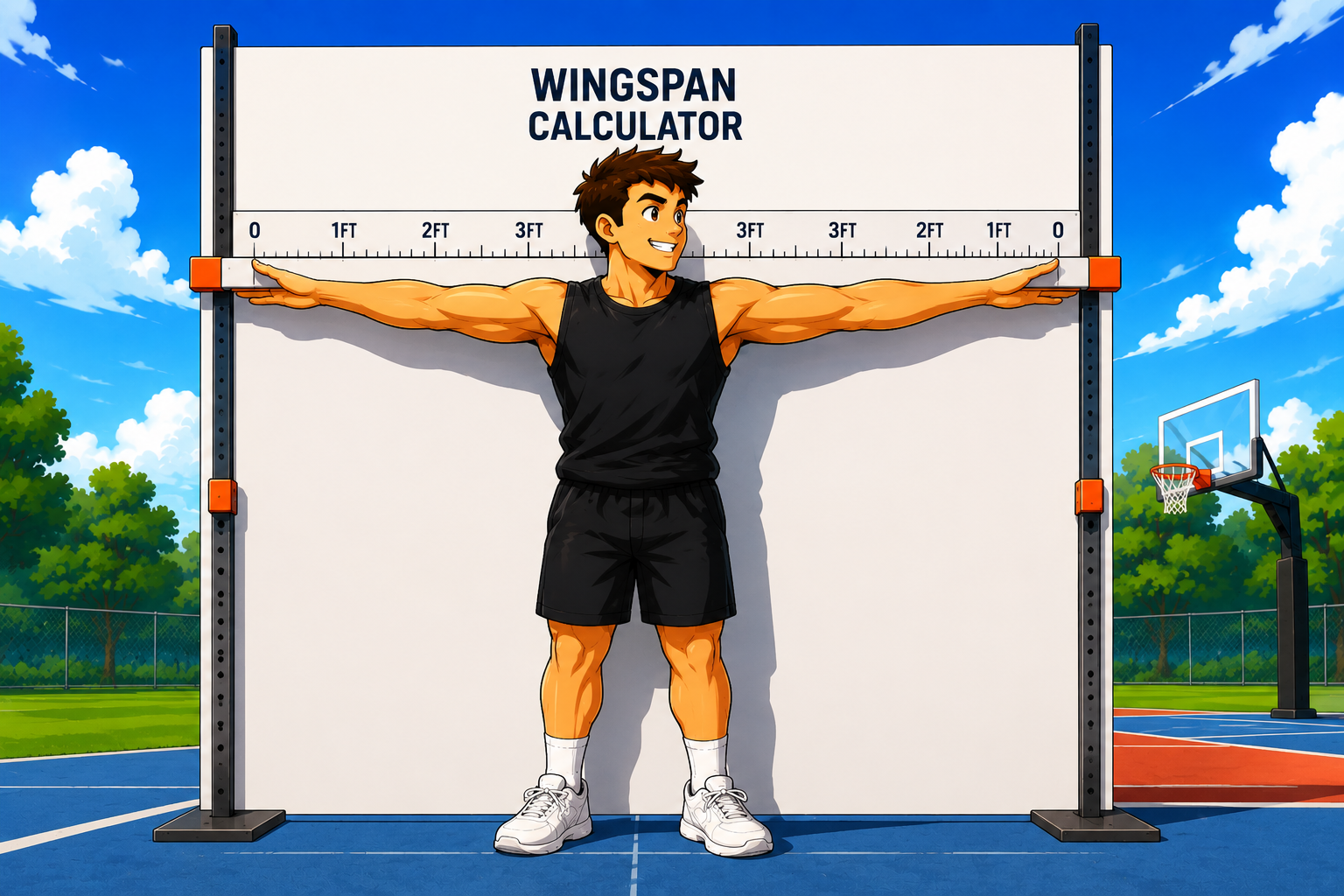 Cartoon athlete standing with arms extended for a wingspan measurement